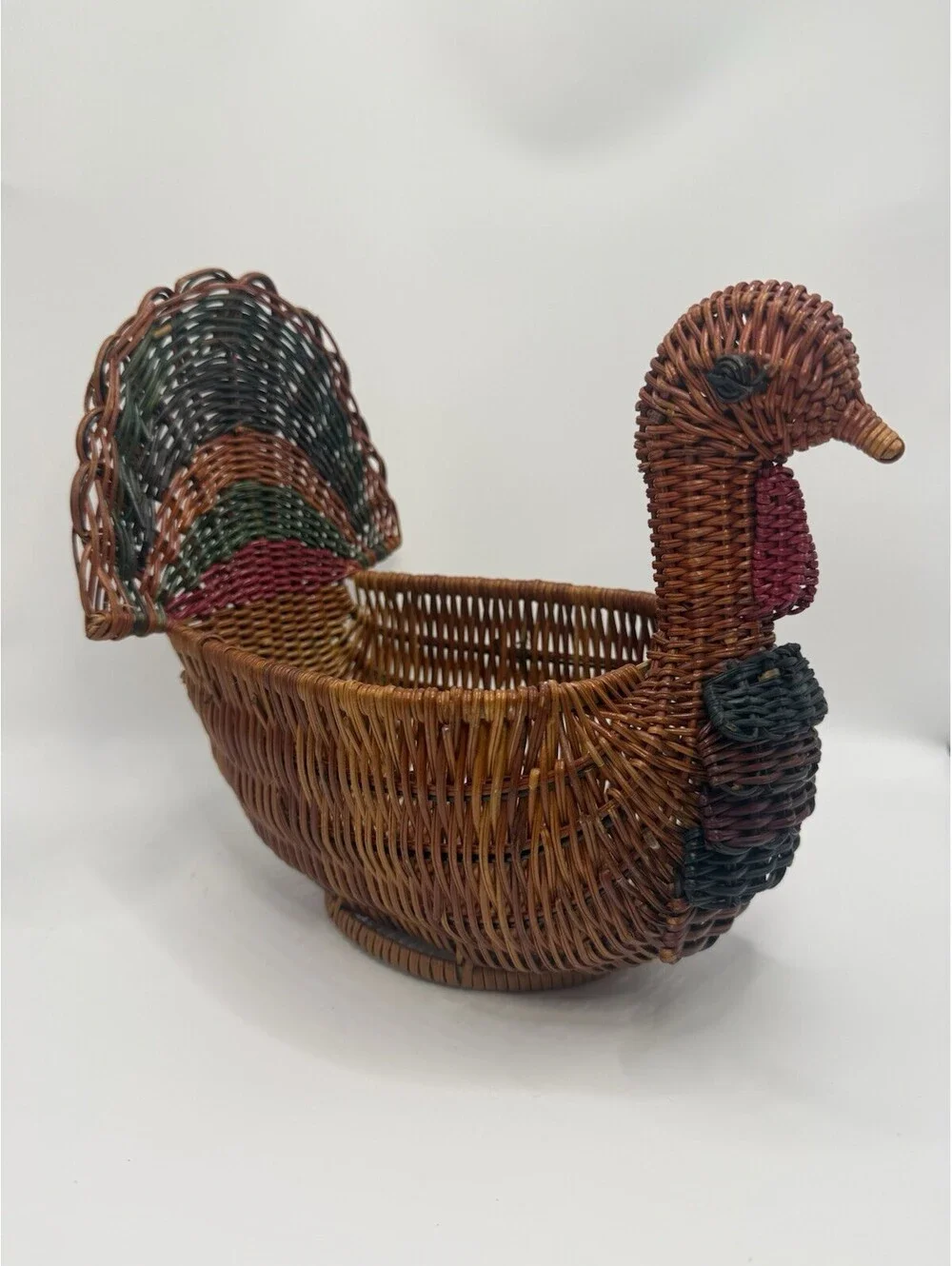 Vintage Wicker Turkey Woven Rattan Bread Basket Planter Farmhouse Country  Decor